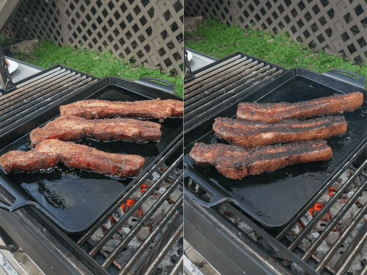Searing off the pork belly strips on the grill