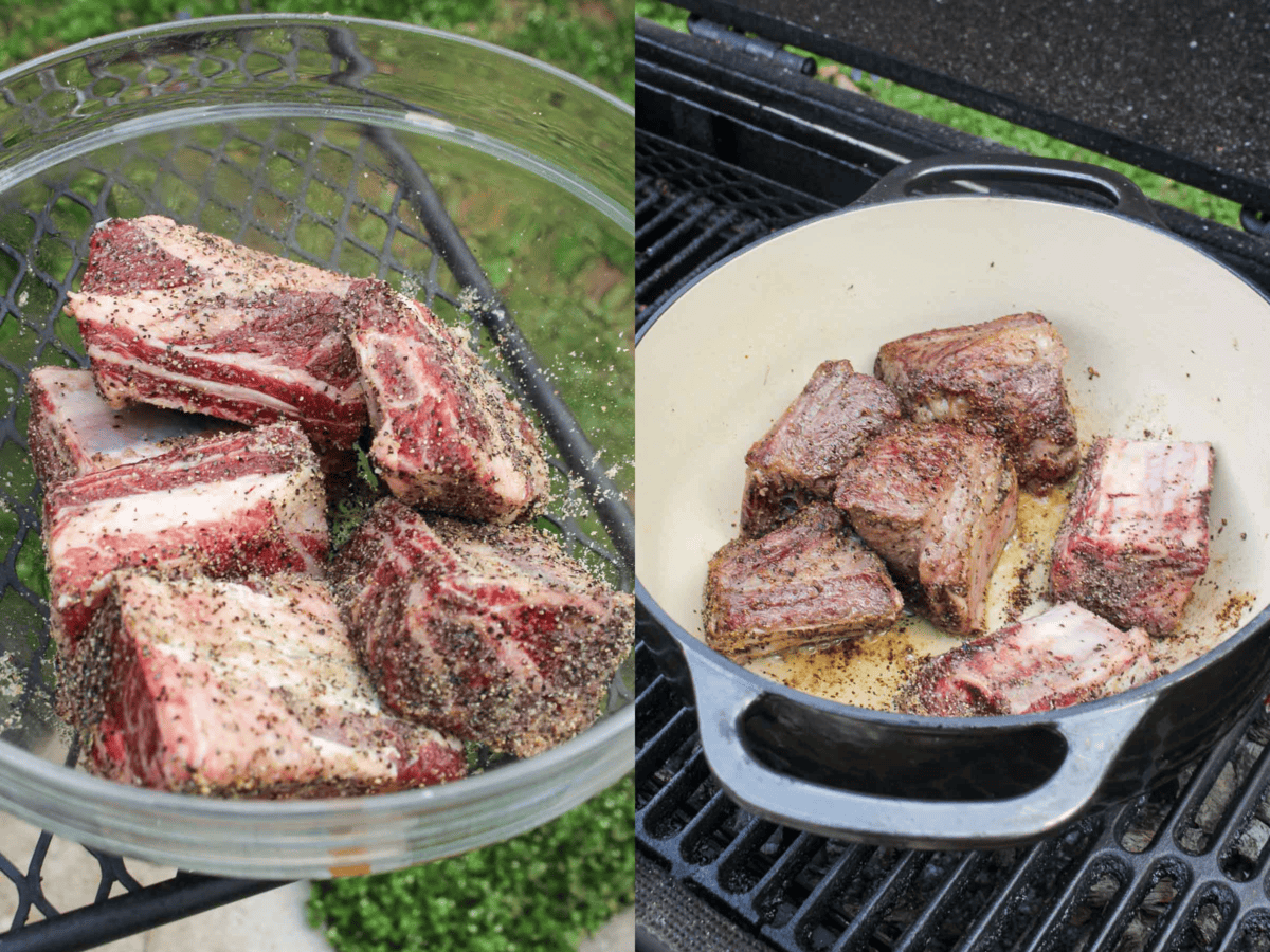 The raw, seasoned beef ribs and then them also searing in the dutch oven. 