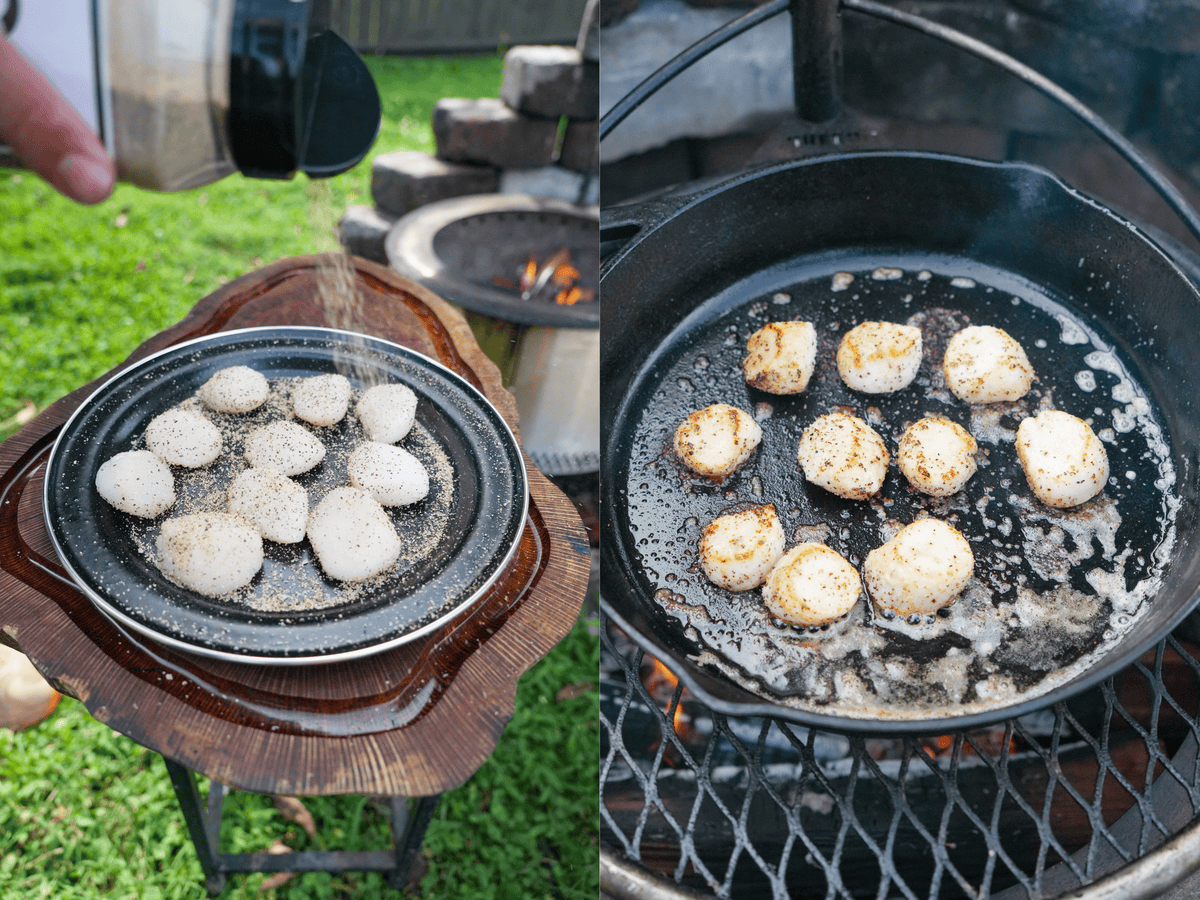 Seasoning dry scallops with SPG Seasoning and searing in a cast iron skillet on the grill