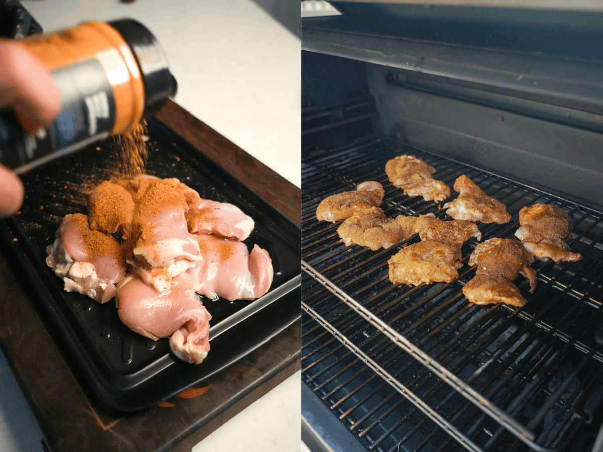 Seasoning boneless, skinless chicken thighs with Cowboy Butter Seasoning and smoking on a grill