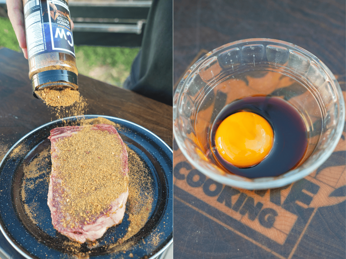 Seasoning the steak is the first step before grilling. 