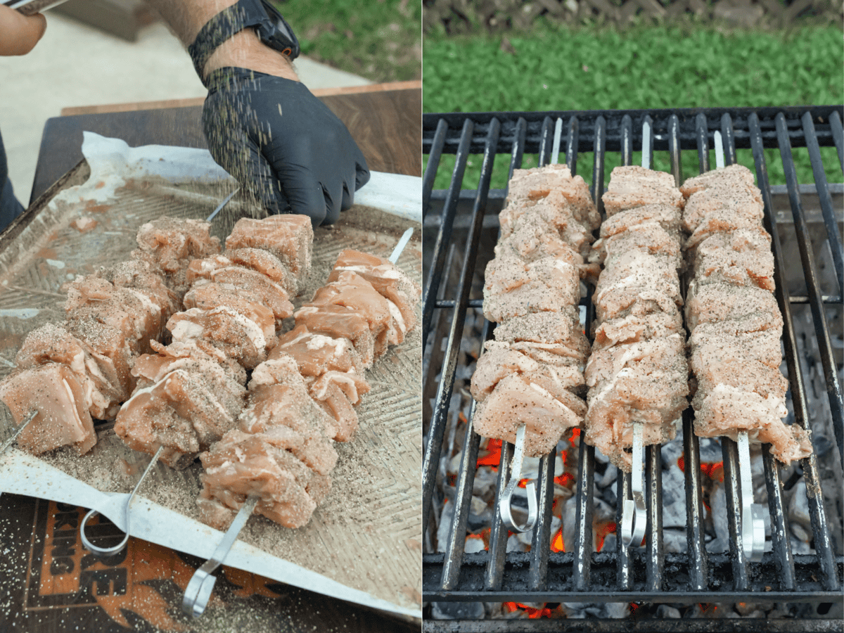 Seasoning threaded chicken skewers with Salt Pepper Garlic Seasoning and placing the seasoned skewers on the grill