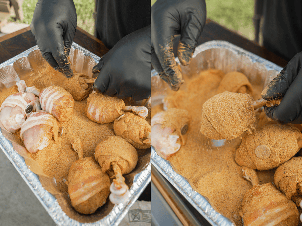 Seasoning bacon-wrapped chicken lollipops with Cowboy Candy Seasoning in an aluminum foil pan
