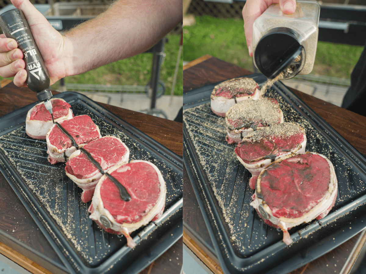 The raw steaks are wrapped in bacon and seasoned before hitting the fire.