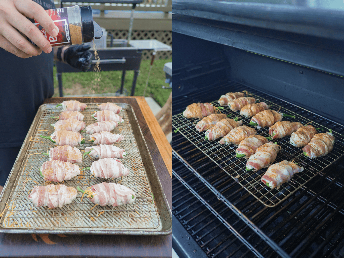 A shot of the poppers on the smoker - before they are cooked to perfection