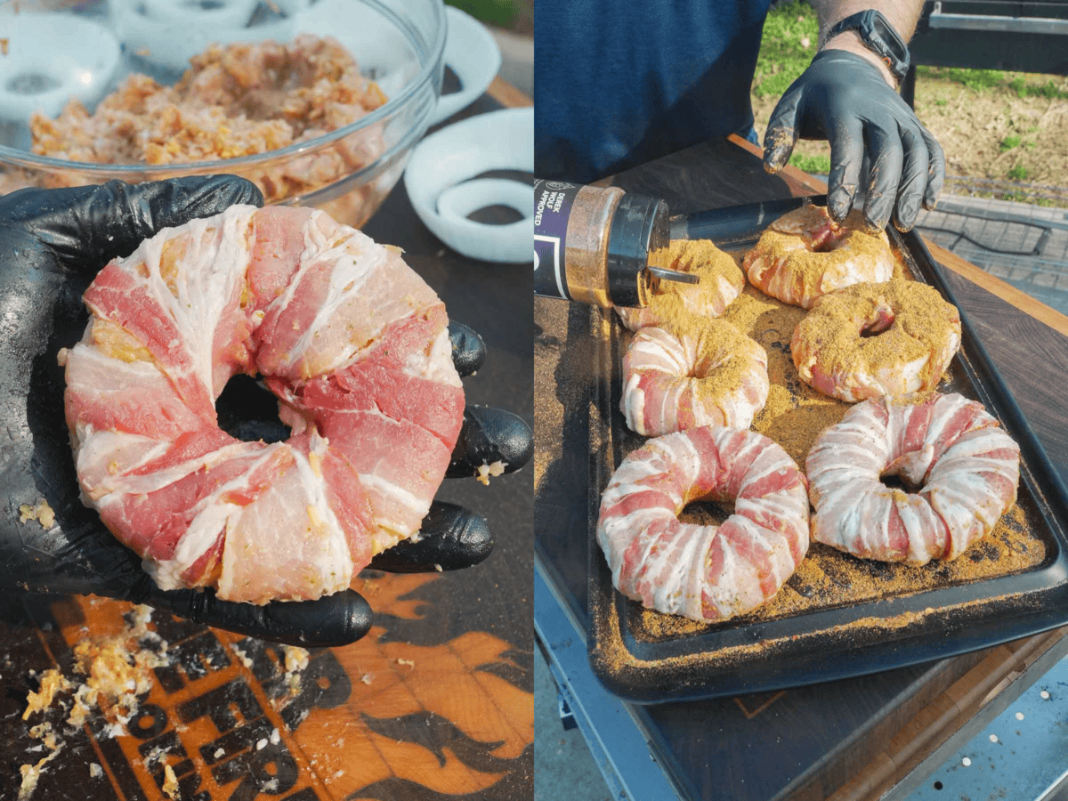 the rings are prepped and seasoned, ready for the smoker.