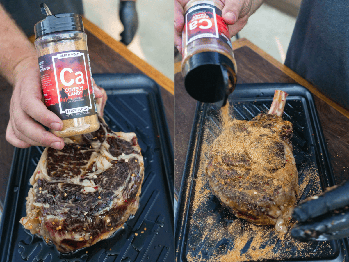 Close up of Derek Wolf seasoning the cured beef with his signature Cowboy Candy Seasoning mix.