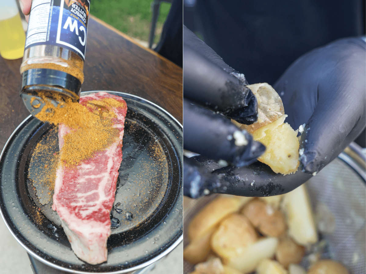 Seasoning New York strip steak with Cowboy Butter Seasoning and peeling golden potatoes