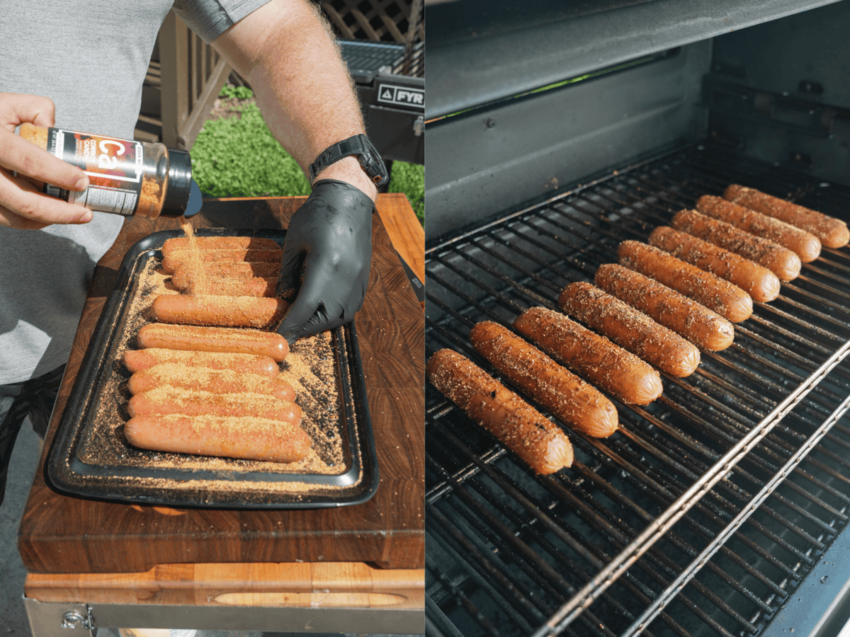 Seasoning the dogs before smoking.