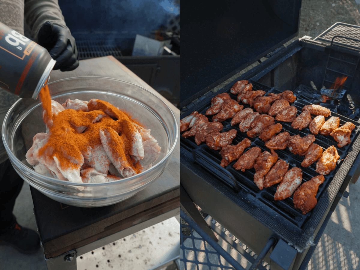 Seasoning the chicken wings with Big Bad BBQ Rub and placing the flats and drumettes on the smoker