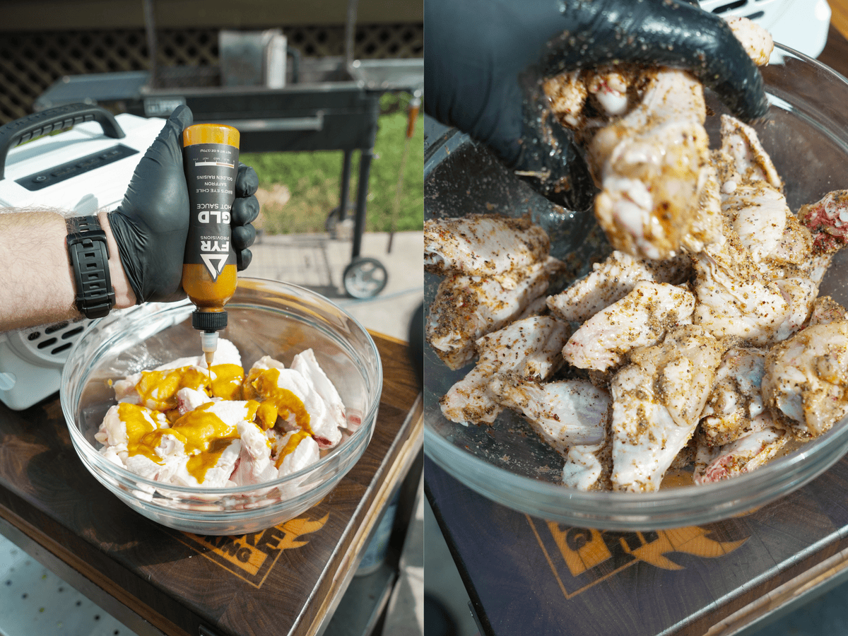 Seasoning chicken with SPG Seasoning and tossing in a bowl