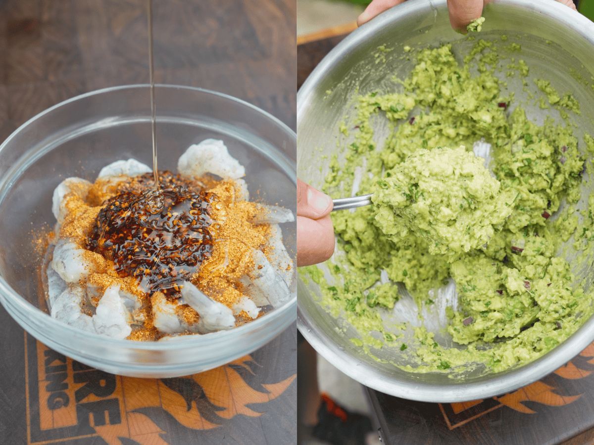 Seasoning shrimp and mashing avocados with red onion, lime juice, cilantro and salt to make guacamole