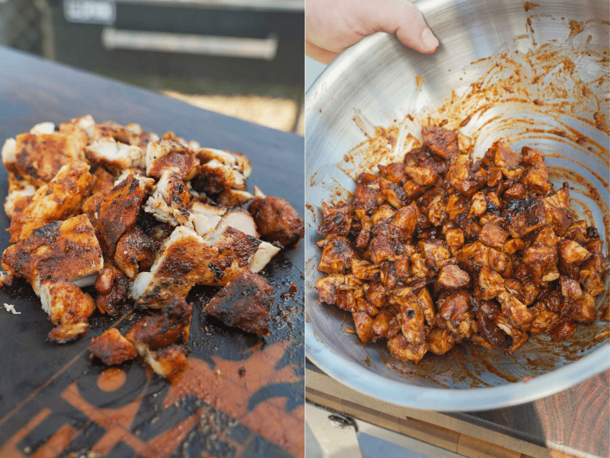 Sliced cooked boneless chicken thighs and bite-sized chicken pieces tossed in barbecue sauce