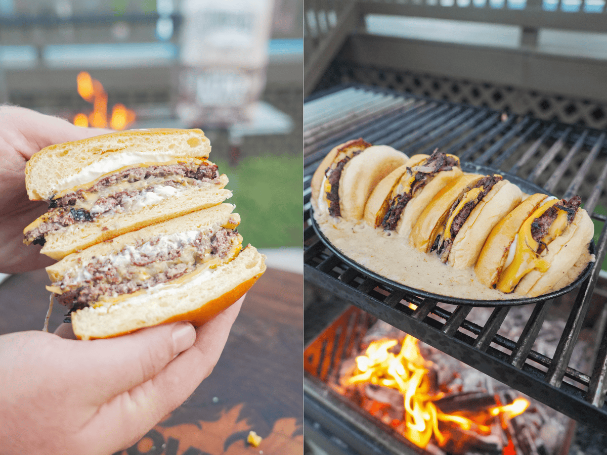 The sliced burgers are placed in the skilled to complete the perfect Cheeseburger Fondue recipe.