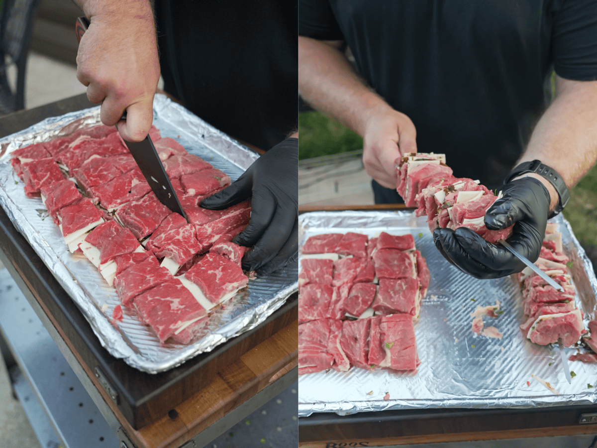 these two images show the steak being cut and assembled into squares for skewering.
