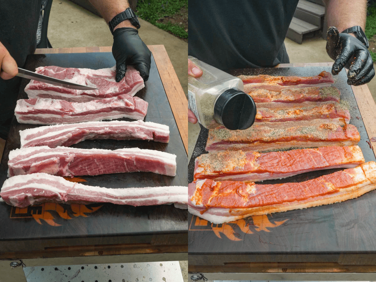 Slicing the pork belly into 2-inch strips and seasoning with Smoked Garlic Jalapeño Lager Rub