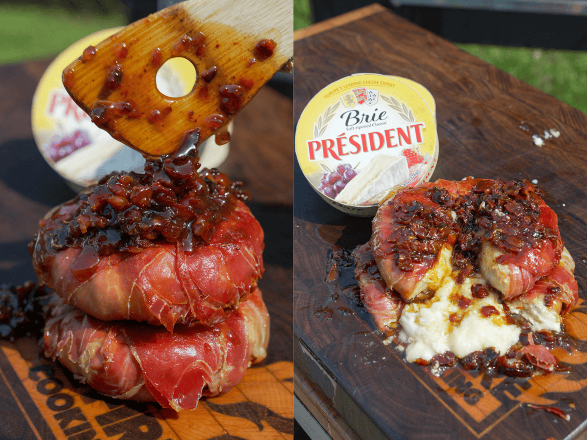 A wooden spoon scooping bacon jam onto prosciutto-wrapped brie, then slicing into the melty cheese with a Président box in the background