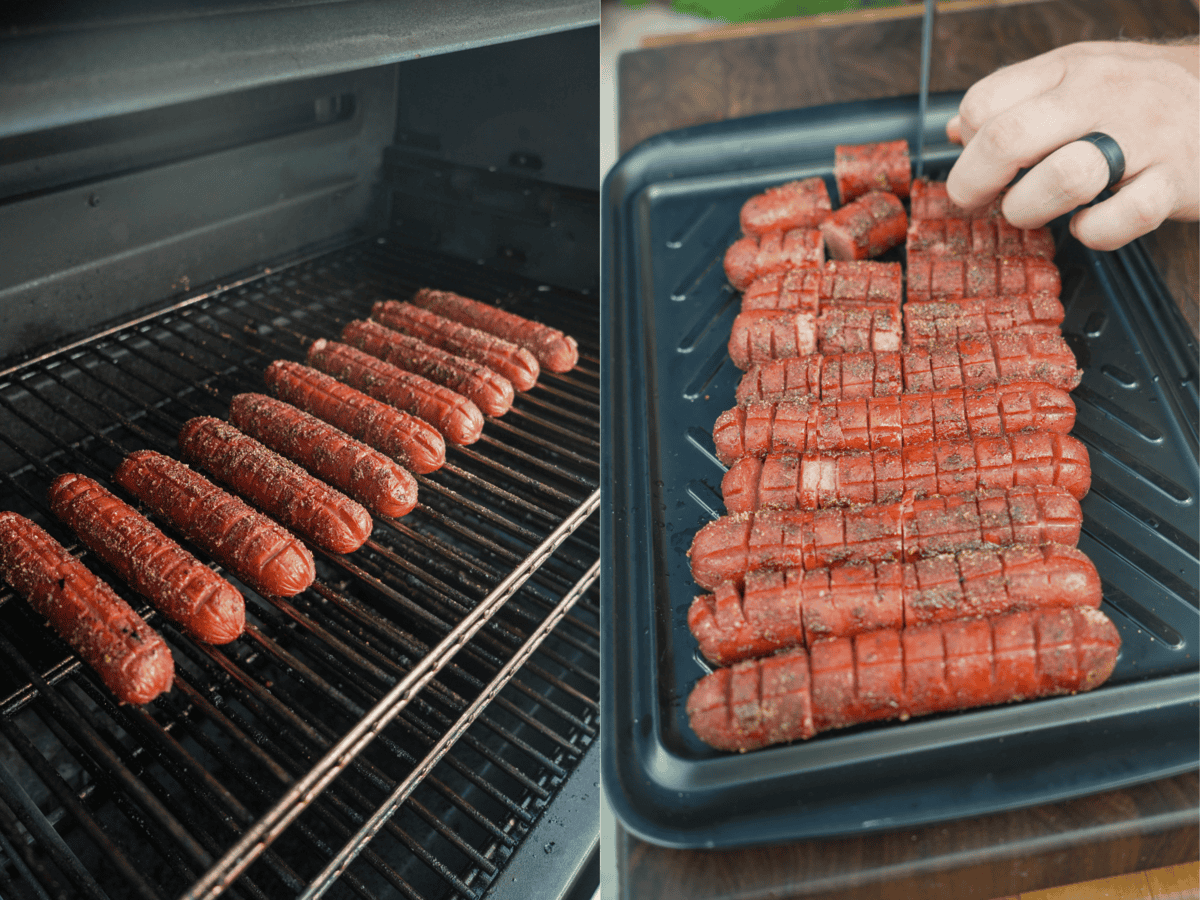 Slicing the smoked dogs before adding the bbq sauce.