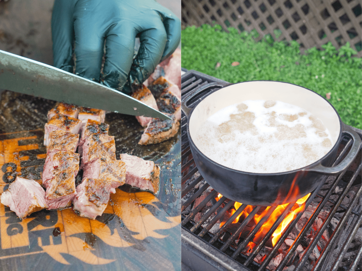 Slicing steak and boiling macaroni.