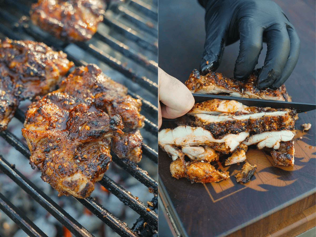 The perfectly seasoned and grilled chicken is sliced with a sharp knife into thin strips. 