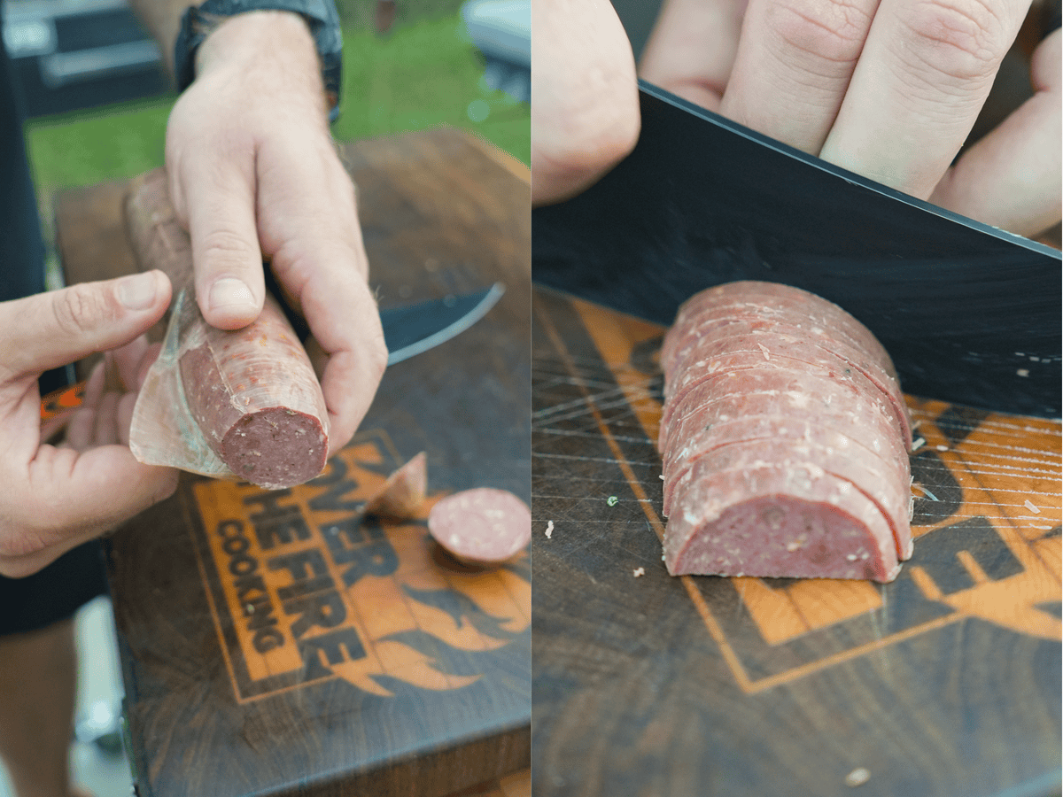 Chopping the Maui Nui Summer Sausage.