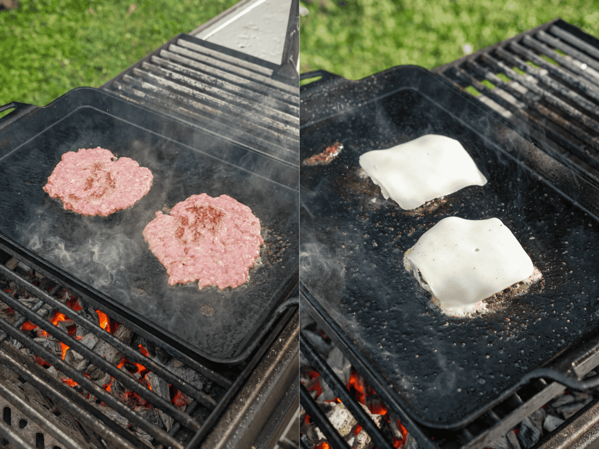 Smashing beef patties on a griddle on the grill and melting mozzarella cheese over them