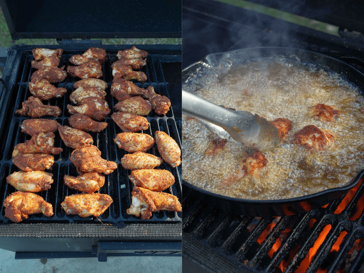 Adding smoked chicken wings from the grill into the frying oil in a Dutch oven