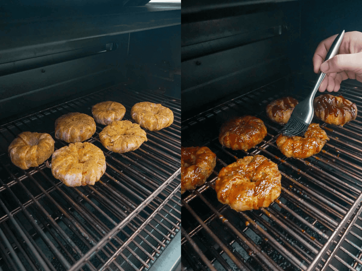 Smoking and basting the stuffed onion rings with a brush on the grill