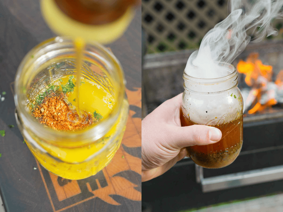 Smoking honey Cajun butter in a mason jar with a hot coal