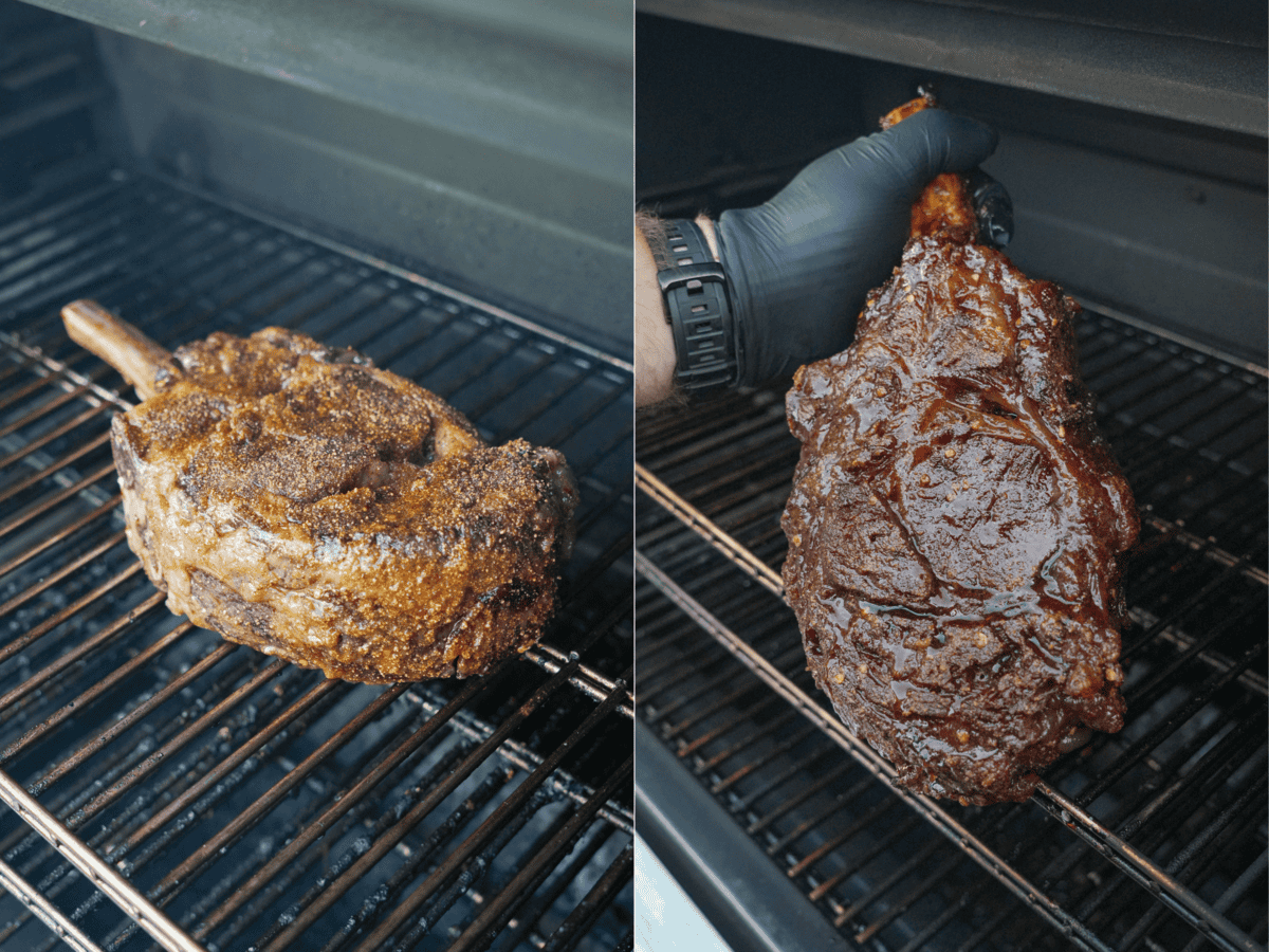 This two-photo views shows the steak at the smoking stage of the process.
