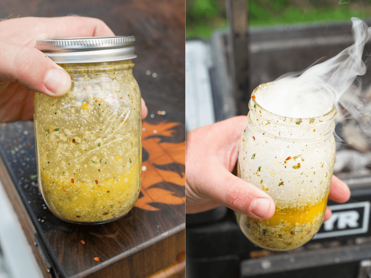Smoking garlic Parmesan butter in a mason jar, using a white hot coal of Cowboy Charcoal