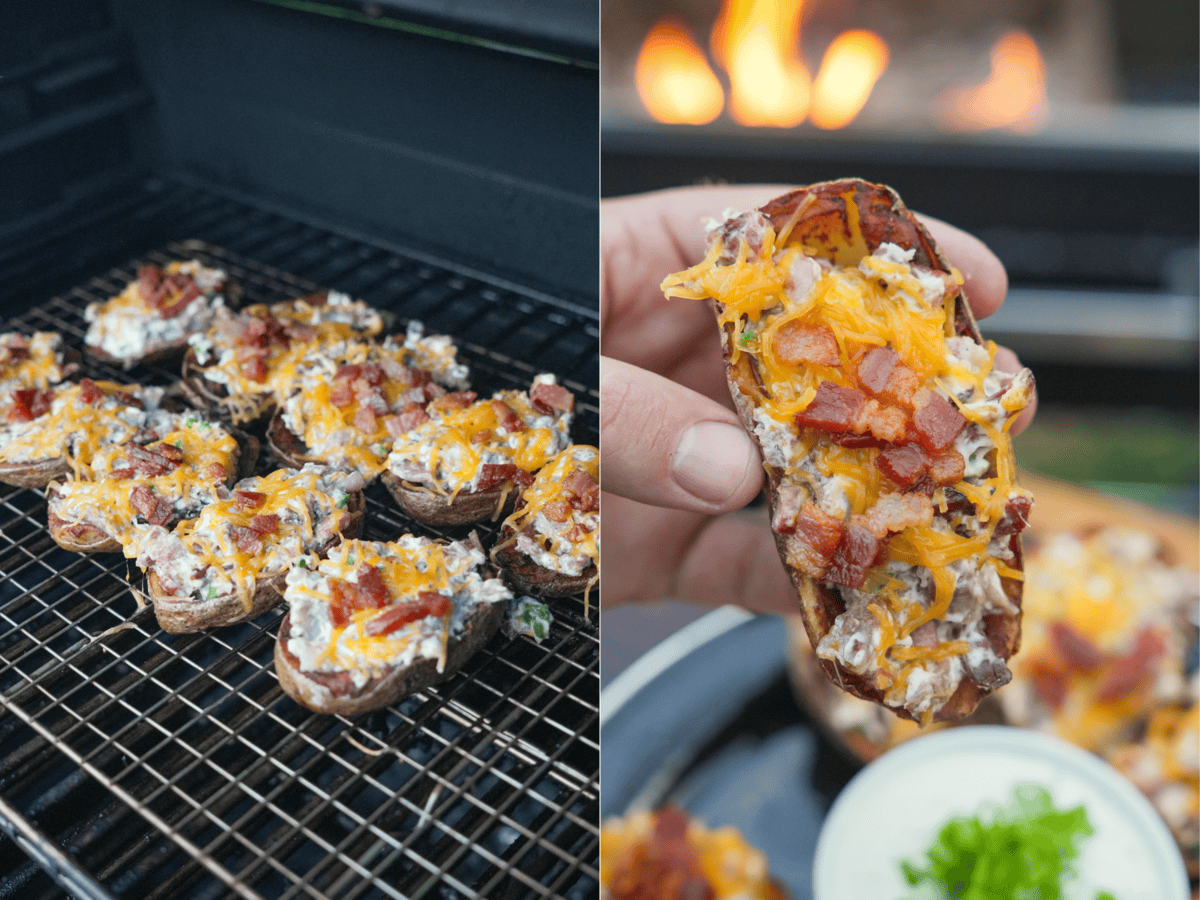Rows of fried potato skins lined up on the grill grates of a smoker and a hand holding a fully loaded potato skin with jalapeño ranch in the background