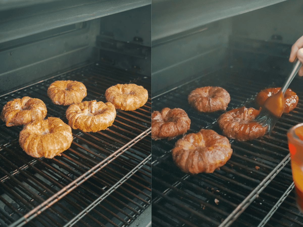 The cowboy candy stuffed onion rings on the smoker.