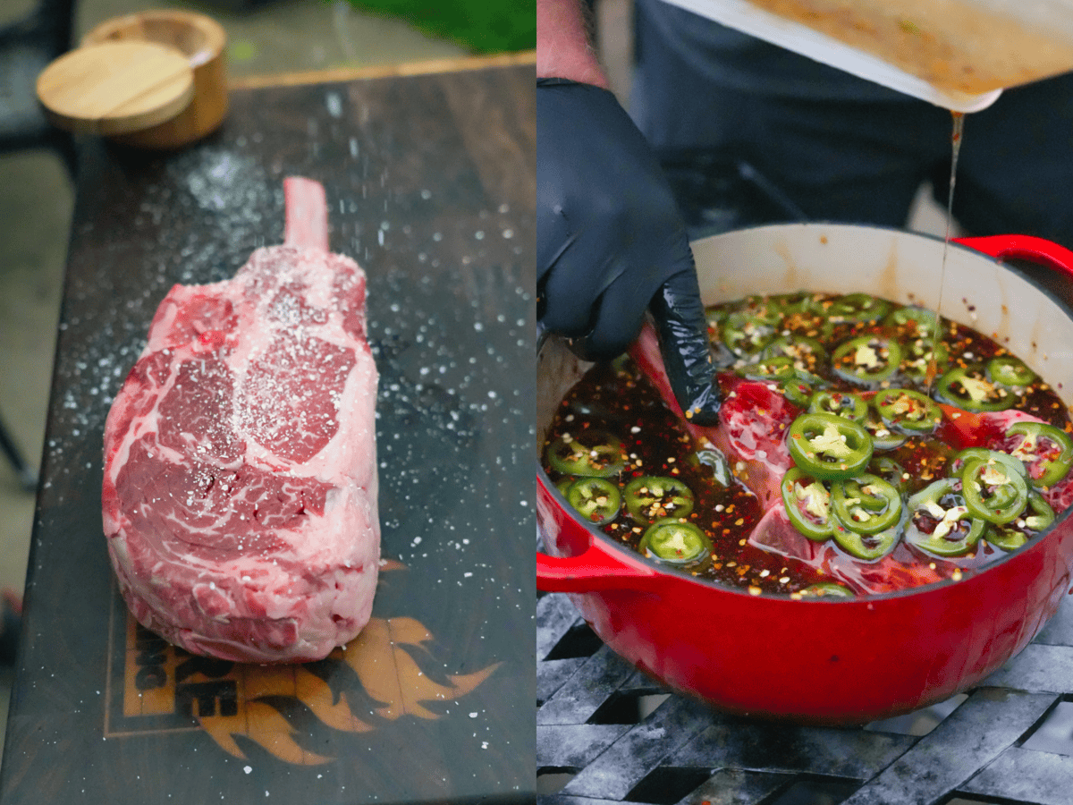 On the left is the ribeye steak before getting covered in the honey jalapeno cure, shown on the right.