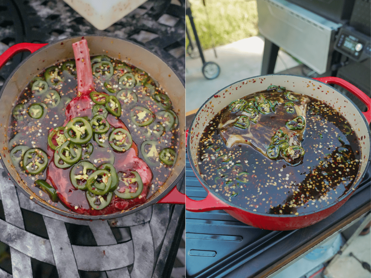 The flavorful honey jalapeno cure inside a Dutch oven with the ribeye steak submerged.