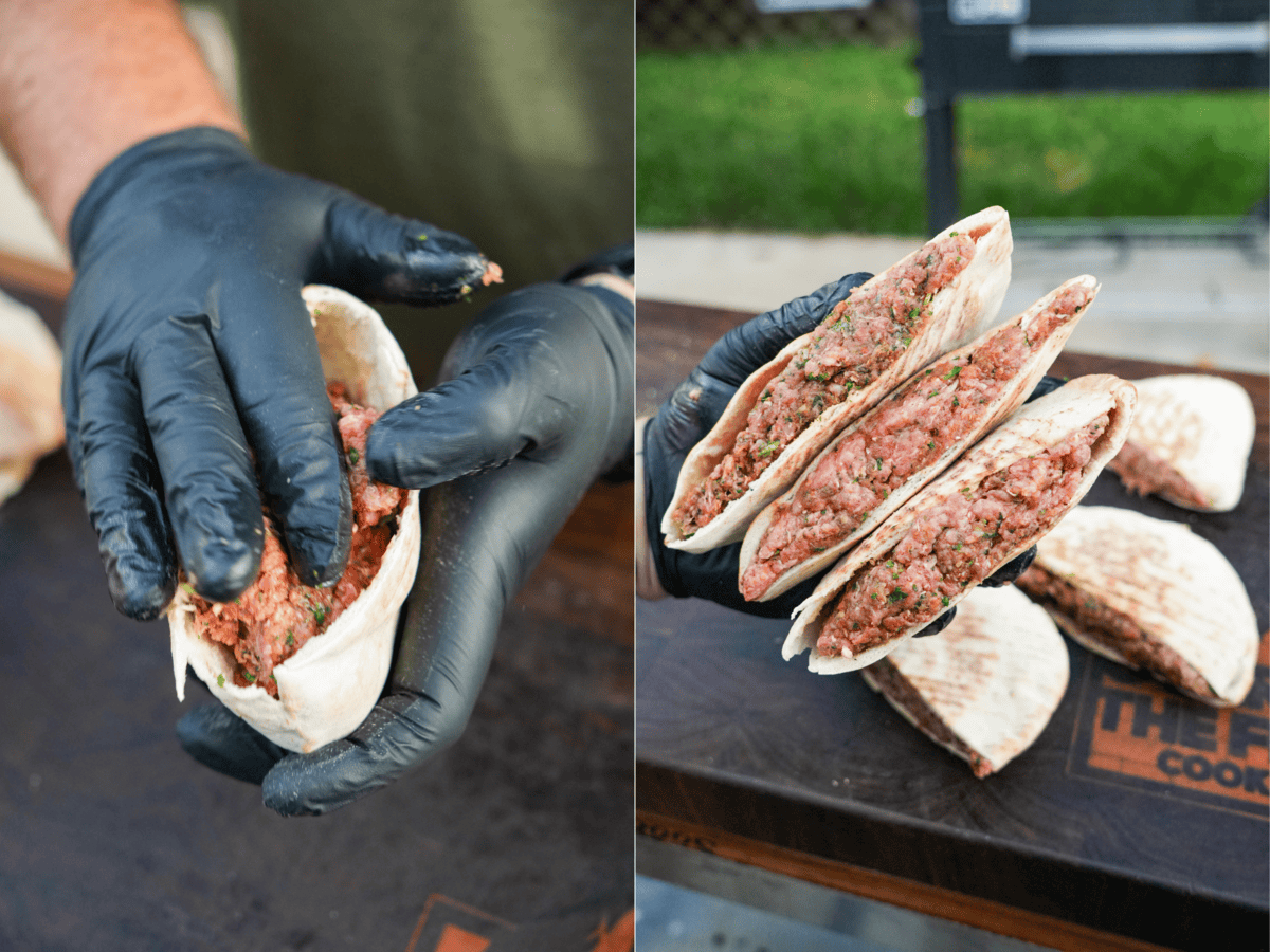 The pita bread is stuffed with the Cowboy Butter Arayes meat.