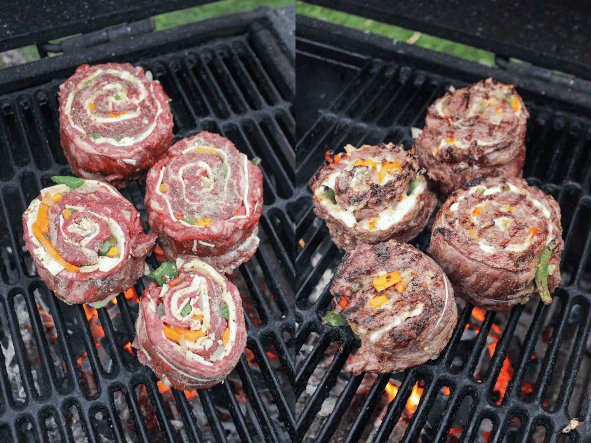 Grilling the fajita steak pinwheels.