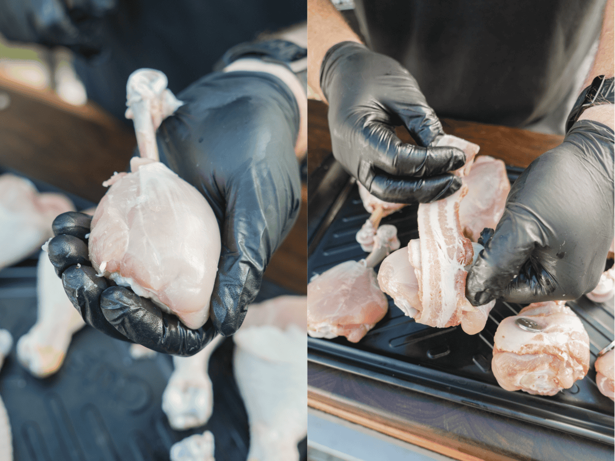 Showing a raw chicken drumstick prepared as a lollipop, with small bone exposed, and wrapping the drumstick in slices of bacon